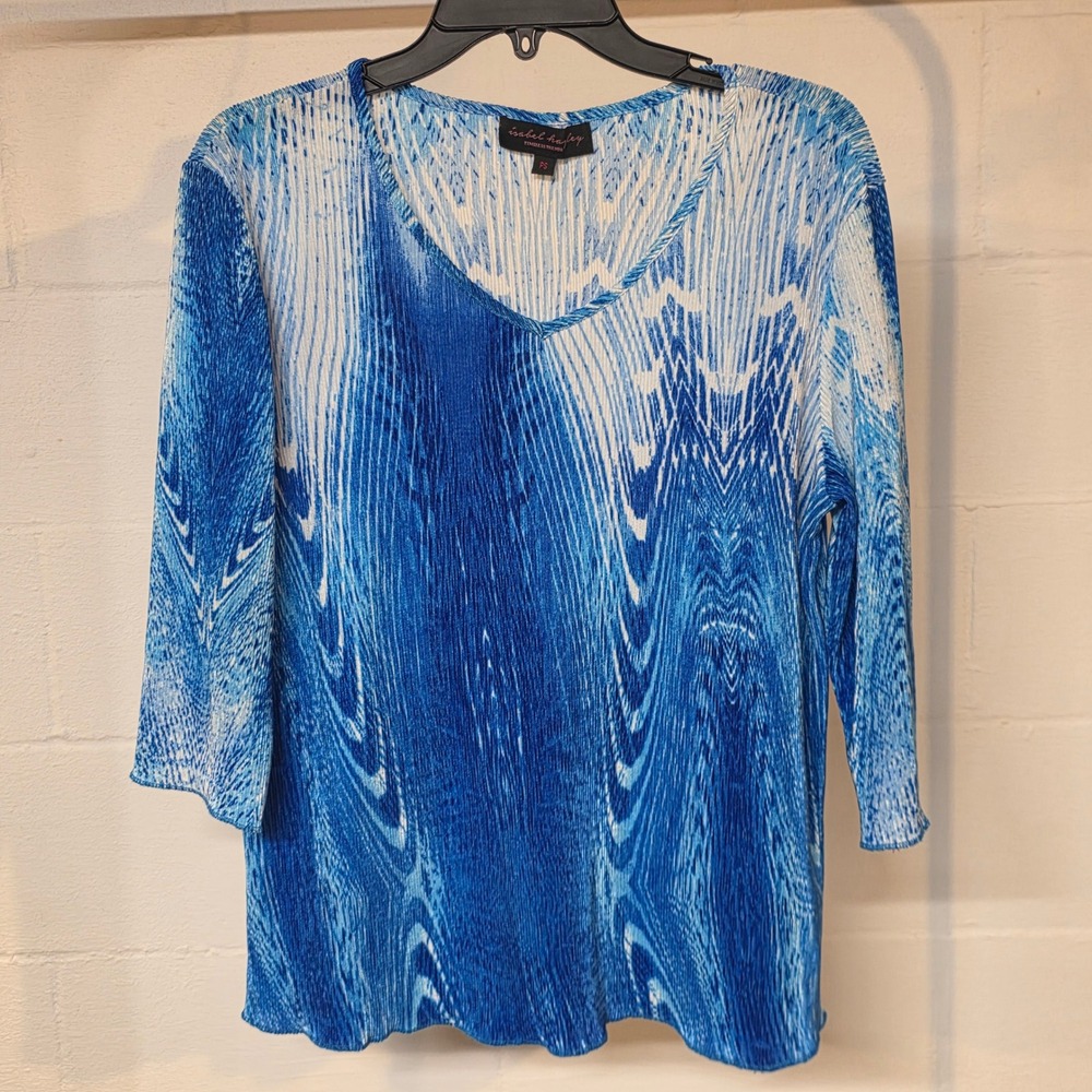 Isabel Haley Blue White Abstract Plisse Pleated V-Neck 3/4 Sleeve Women Petite S
